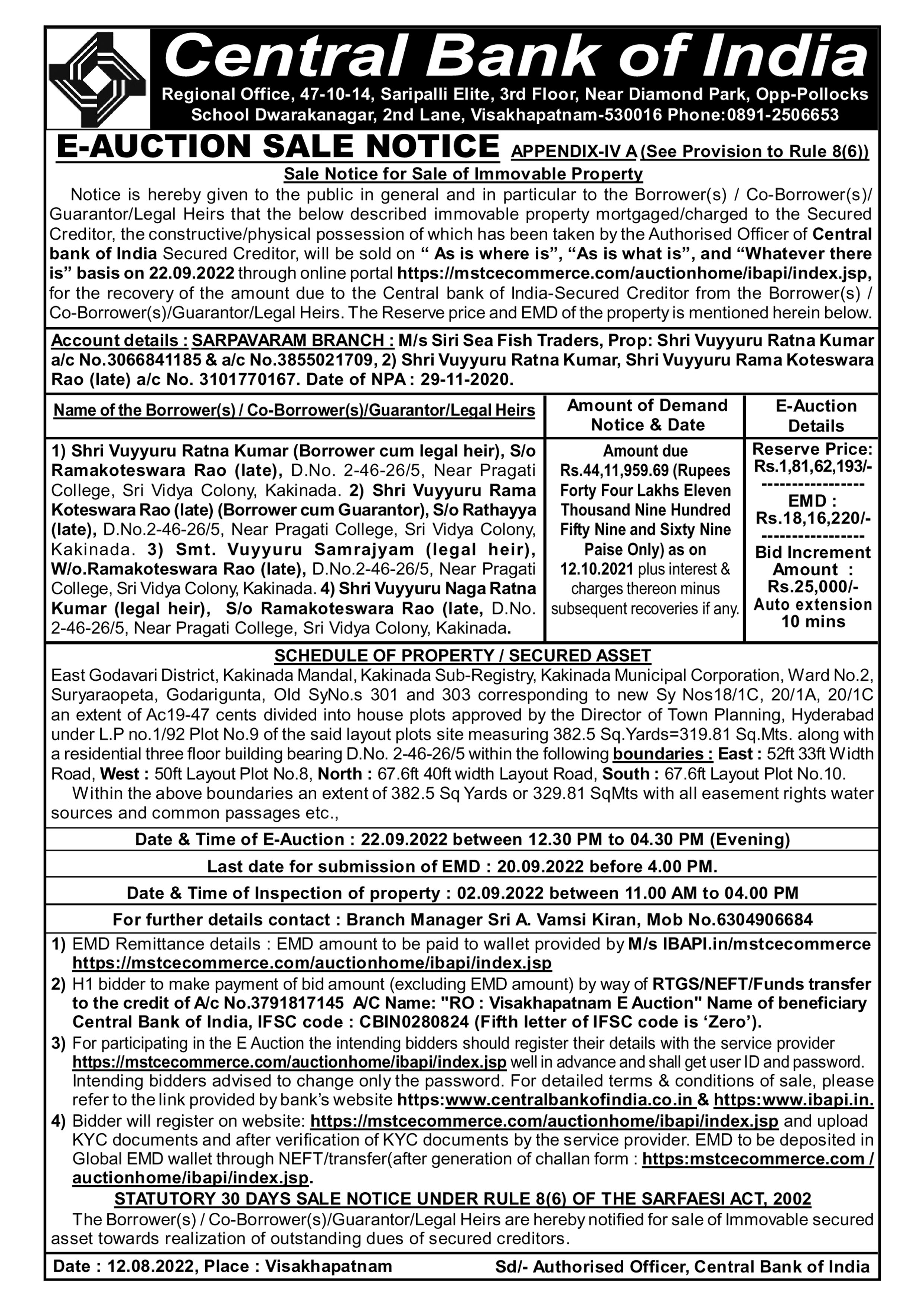 SALE NOTICE PUBLISHED IN TIMES OF INDIA VISAKHAPATNAM ON 13-08-2022